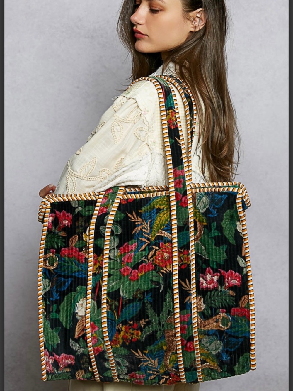 POL SMQP12 Floral Velvet Tote Bag with Striped Trim - Black Multi - Picture 7 of 10